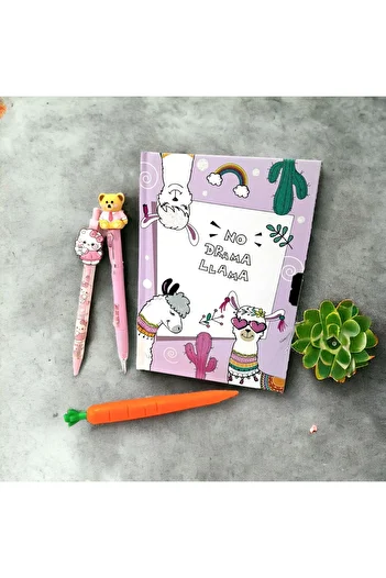 ÇİLEKHOMEAVM 3-Piece Llama Locked Gift Pen Set - Souvenir and Diary Notebook