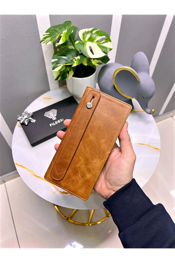 Fil Deri With Phone Compartment - Genuine Leather Wallet - with Magnet and Hand Tape - Large Portfolio 2028