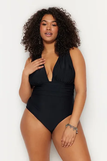 Trendyol Curve Black Deep V Back Cross Back Gather Detail Draped Plus Size Swimsuit Tbbss23Am00000