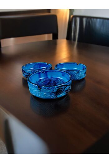 qtahya homes queen of kütahya Turquoise Decorative Ashtray - 9 Cm 3 Pieces Authentic Patterned Embossed