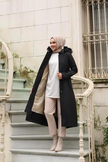 MİSSKAYLE Hidden Placket Hijab Black Coat