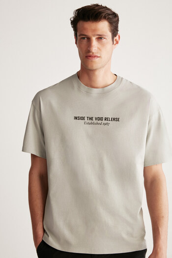 GRIMELANGE Ανδρικό μπλουζάκι Bastıan Oversize Fit 100% βαμβάκι με στάμπα σε γκρι υφή