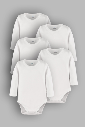 Overoz 5-Piece White Organic 100% Cotton Baby Bodysuit Set - Long Sleeve Bodysuit with Snap Fasteners