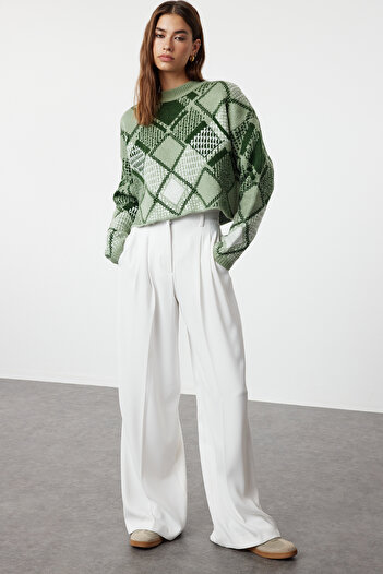Trendyol Collection Mint Wide Fit Crop Baklava Pattern Knitwear Sweater Twoaw24Kz01126