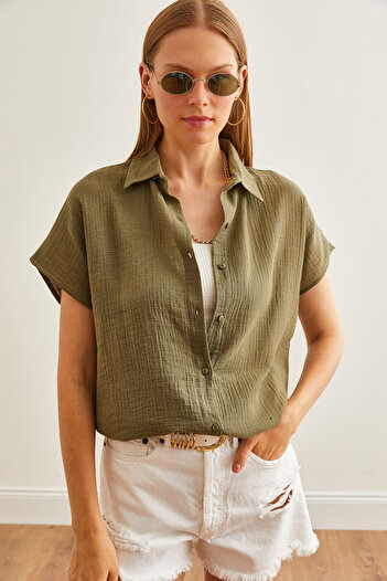 Olalook Khaki Colored Bat Sleeve Basic Muslin Women's Shirt - GML-19001215