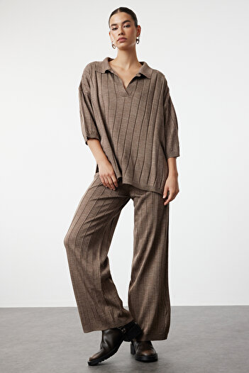 Trendyol Collection Mink Color Corded Knitwear Set - Lower and Upper Set TWOSS23AU00029