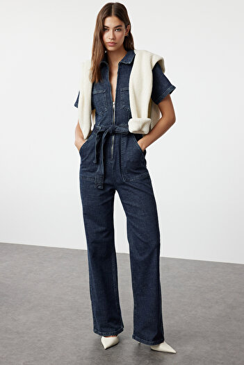Trendyol Collection Denim Belted Dark Blue Jumpsuit - TWOAW25TU00000