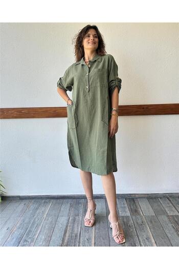 ByEnBi Khaki Colored Linen Dress - Filthy Stitching Detail