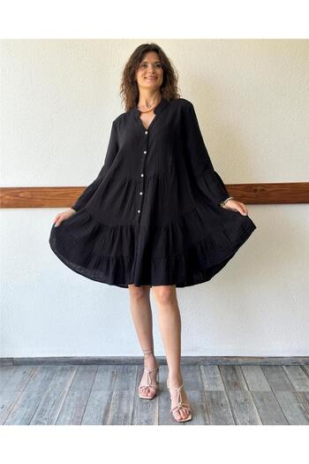 ByEnBi Black Muslin Mini Dress - Prevailing Collar, Long Sleeve, Ruffle Std