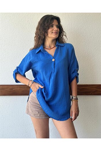 ByEnBi Saks Blue Muslin Tunic - Single Button, Fakir Sleeve Std