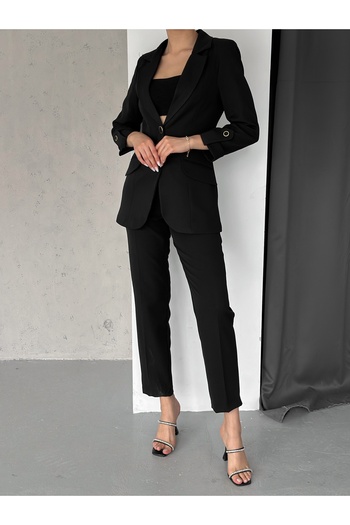 diaves Siyah Katlamalı Kol Detay Blazer Ceket ve Havuç Kesim Pantolon Atlas Dokuma Kumaş Takım Elbise
