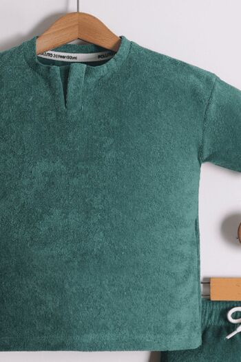 Pollito Boy's Green Bennetton T-Shirt and Shorts Set - Crew Neck, Half Placket Terry