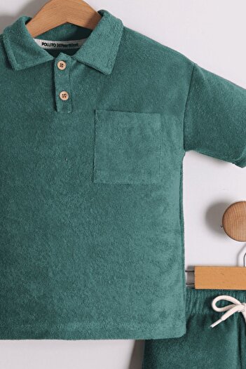Pollito Boy's Green Benetton T-Shirt and Shorts - Shirt Collar, Terry Fabric 2-Piece Set