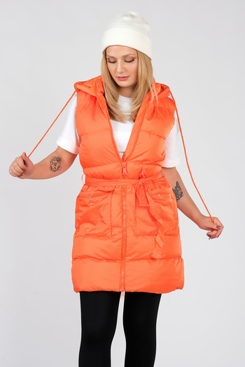 Giyim Dünyası Orange Women's Vest - Hooded, Bag Pocket and Waist Belt Detail
