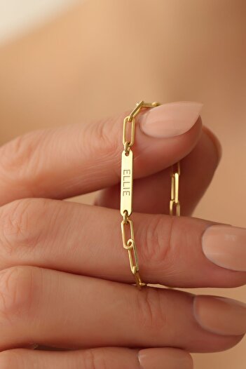 Nox Jewelry 925 Ayar Gümüş Kişiye Özel İsim Yazılı Ataç Bileklik Gold