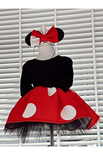 Anne Kız Tasarım Kırmızı Uzun Kollu Mickey Mouse Elbise