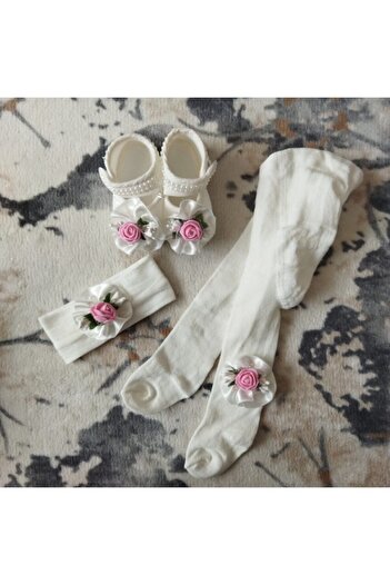 Caprice 100% Cotton Baby Girl Floral Shoes & Headband & Tights Set of 3