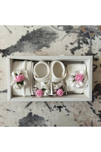 Caprice 100% Cotton Baby Girl Floral Shoes & Headband & Tights Set of 3