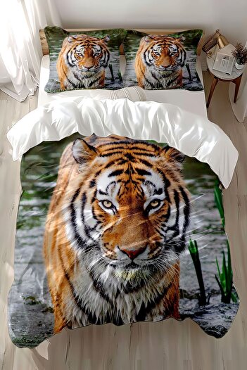 Else Dekor Cotton Satin Double Duvet Cover Set - River Tiger Pattern Print