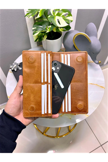 Fil Deri With Phone Compartment - Genuine Leather Wallet - with Magnet and Hand Tape - Large Portfolio 2028