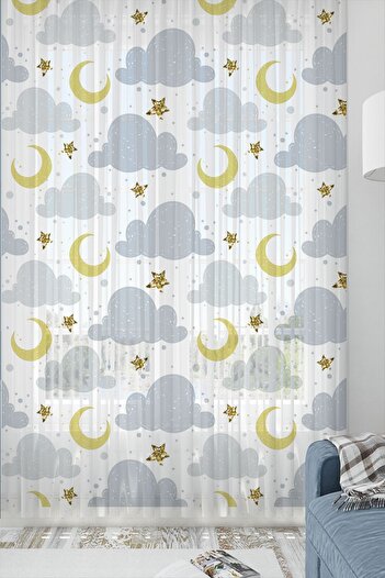Else Dekor Moon Star Patterned Clouds Single Wing Tulle Curtain - Children's Baby Room Decorative