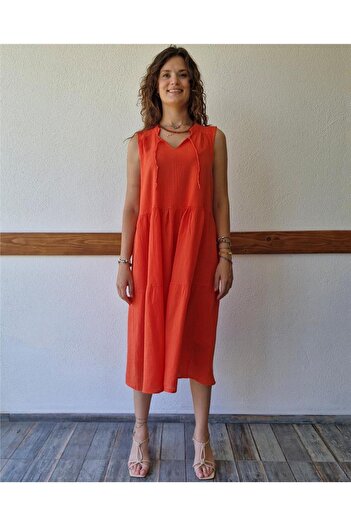 ByEnBi Pomegranate Flower Patterned Sleeveless Lined Cotton Dress - Std