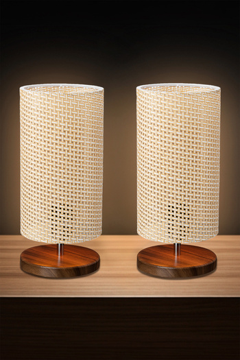 EFLIGHTDESIGN Modern Stylish Cream Wicker 2-Piece Wooden Lampshade Bed and Living Room Table Lamp