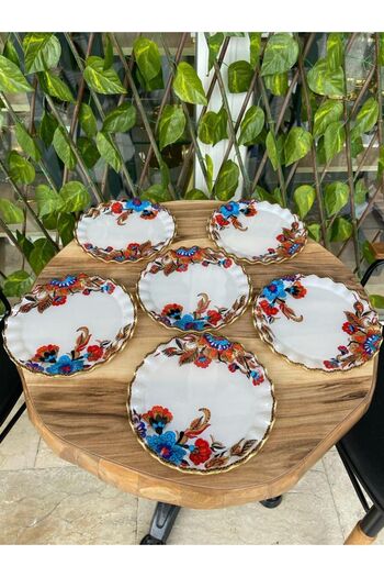 GÜRCÜGLASS White flower model gold 6-piece cake plate