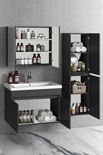 ÖZCEDEN 80 35 Cm Antrasit Gri Mat Mdf Seramik Lavabolu Asma Banyo Dolabı Takımı