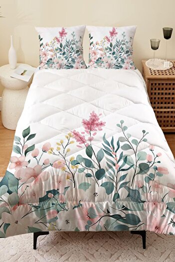 3D ELSE HALI Double Person Microfiber Quilted - Colorful Flower Pattern Sleeping Set