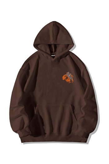 Stadium Καφέ Unisex Oversize Hooded Kangaroo Pocket Cancer Bats Red Gang Φούτερ με στάμπα με κουκούλα
