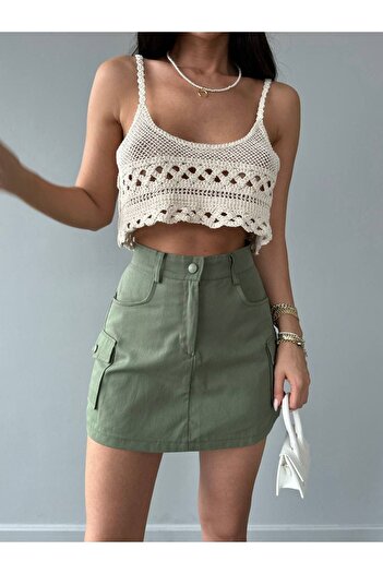 LB Laluna Butik Women's Khaki Cargo Pocket Mini Shorts Skirt
