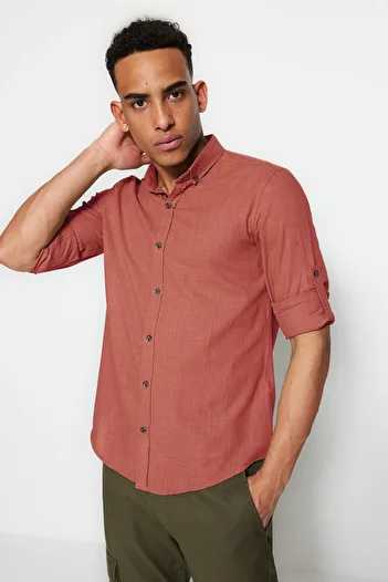 Trendyol Collection Dried Rose Slim Fit Epaulettes Shirt - Long Sleeve, Button Collar TMNSS20GO0189