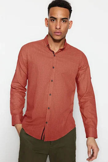 Trendyol Collection Dried Rose Slim Fit Epaulettes Shirt - Long Sleeve, Button Collar TMNSS20GO0189