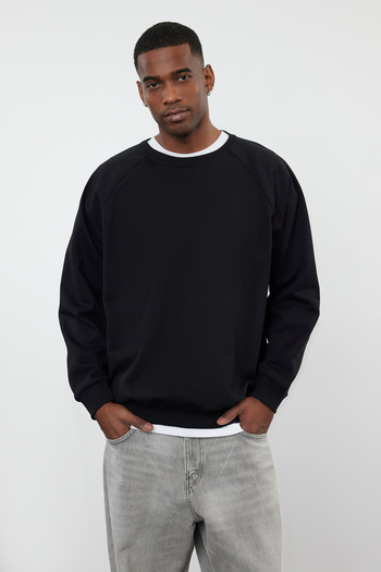 Trendyol Collection Hanorac negru oversize/cutie lată din lână în interior/mânecă caldă cu mâneci raglan TMNAW23SW00190
