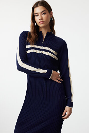 Trendyol Modest Navy Blue Color-Blocking Ribbed Knitwear Dress Tctaw25Eb00020