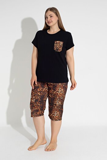 MyBen Plus Size Leopard Print Comfortable Capri Pajamas Set - Short Sleeve 30006
