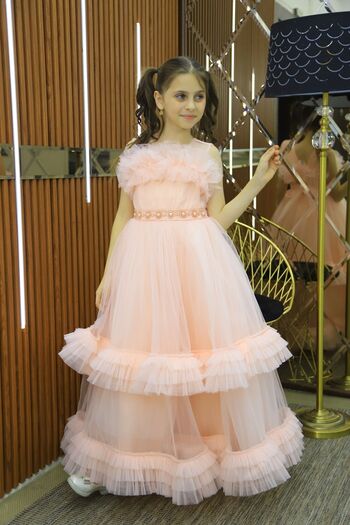 MİSS RAİN Tulle Ruffle Two Layers Pearl Belt Long Girl's Evening Dress