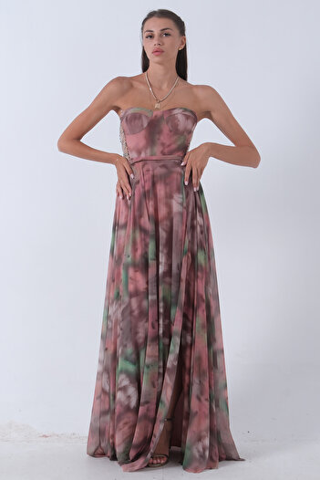 Feminist Patterned Strapless Silver Evening Dress - Powder9705310
