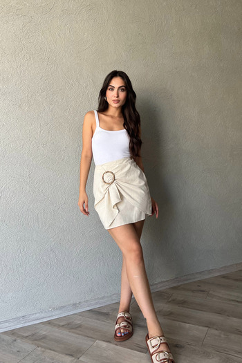 Seda Yalçın Atelier Linen Mini Skirt - Beige with Buckle Detail