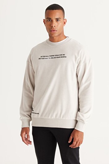 AC&Co / Altınyıldız Classics Men's Light Gray Loose Fit 3 Thread Crew Neck Long Sleeve Sweatshirt with Fleece Inside