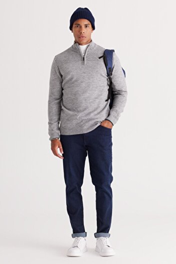 ALTINYILDIZ CLASSICS Men's Gray Melange Standard Fit Normal Cut Stand-Up Bato Collar Raised Soft Textured Knitwear Sweater