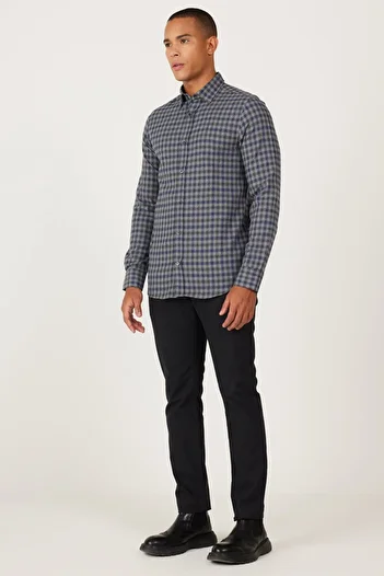 AC&Co / Altınyıldız Classics Men's Navy Blue Slim Fit Slim Fit Hidden Button Collar Checkered Thick Tufted Winter Shirt