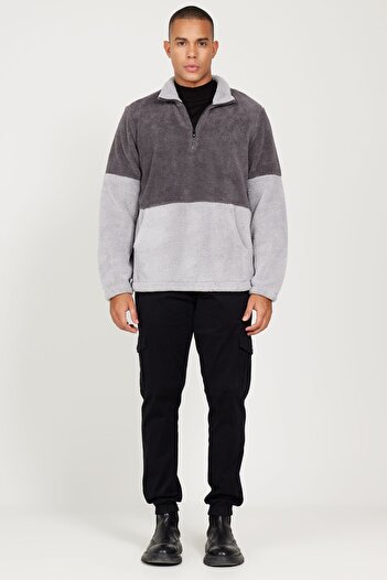 AC&Co / Altınyıldız Classics Men's Double Colored Sherpa Fleece Sweatshirt - Stand Collar, Kangaroo Pocket, Standard Fit