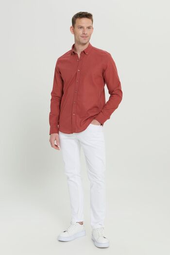 AC&Co / Altınyıldız Classics Men's Claret Red 100% Cotton Oxford Slim Fit Buttoned Collar Flared Shirt