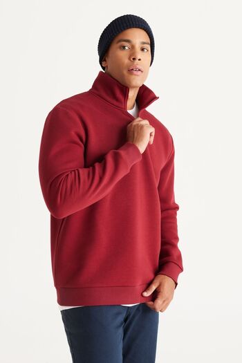 AC&Co / Altınyıldız Classics Men's Burgundy Standard Fit Regular Cut Fleece Lined Zippered Stand Collar Cotton Sweatshirt