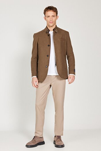 ALTINYILDIZ CLASSICS Men's Mink Standard Fit Regular Cut Stand Collar Cotton Overcoat