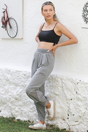 Chiccy Gri Cepli File Detaylı Yıkamalı Dokuma Lastikli Bel Jogger Paça Casual Pantolon