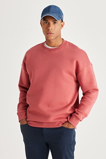 AC&Co / Altınyıldız Classics Men's Coral Oversize Loose Cut 3 Thread Crew Neck Cotton Sweatshirt with Fleece Inside