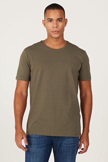 ALTINYILDIZ CLASSICS Men's Khaki 360 Degree All-Direction Stretching Slim Fit Crew Neck T-Shirt